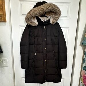 Lauren Ralph Lauren Down Hooded Puffer Coat Faux-Fur Trim Black Women's Small